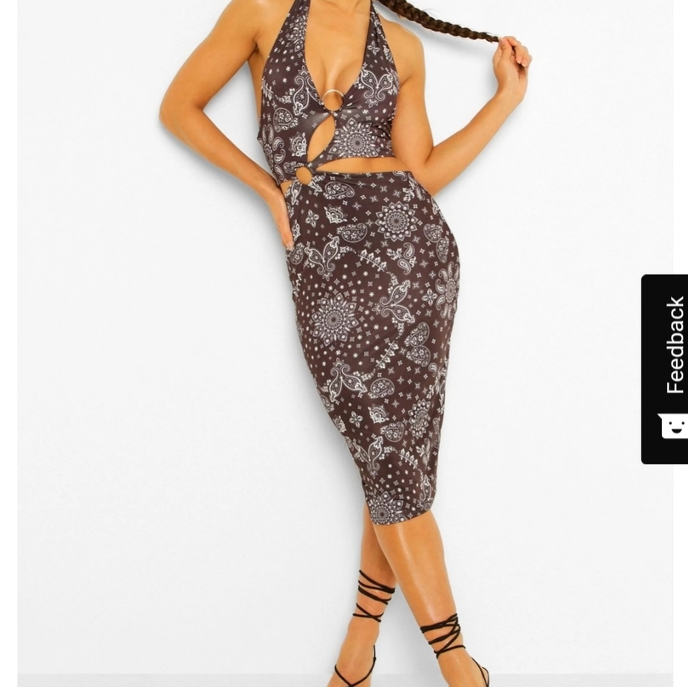 Bandana Print Cut Out Halterneck Midi Dress